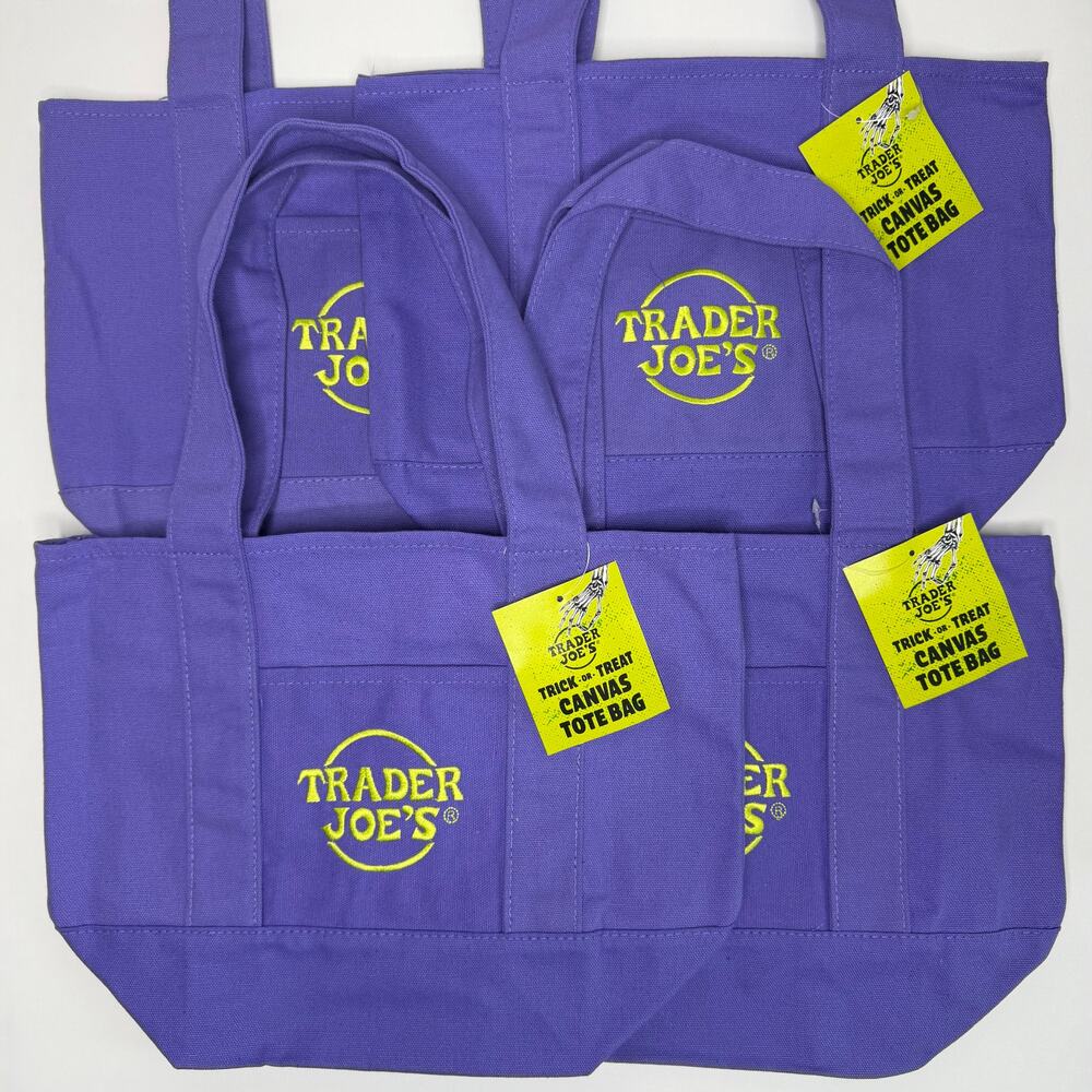 SET 4x Trader Joe’s Canvas MINI HALLOWEEN Tote Bags Trick or Treat Purple Green